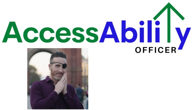 AccessAbility Officer logo with writing in green (Access) and blue (Ability except the t is a green upwards pointing arrow) and black (OFFICER).  Below the logo is a closeup photo of CEO Tanner Gers wearing a dark purple shirt and a black eye patch.